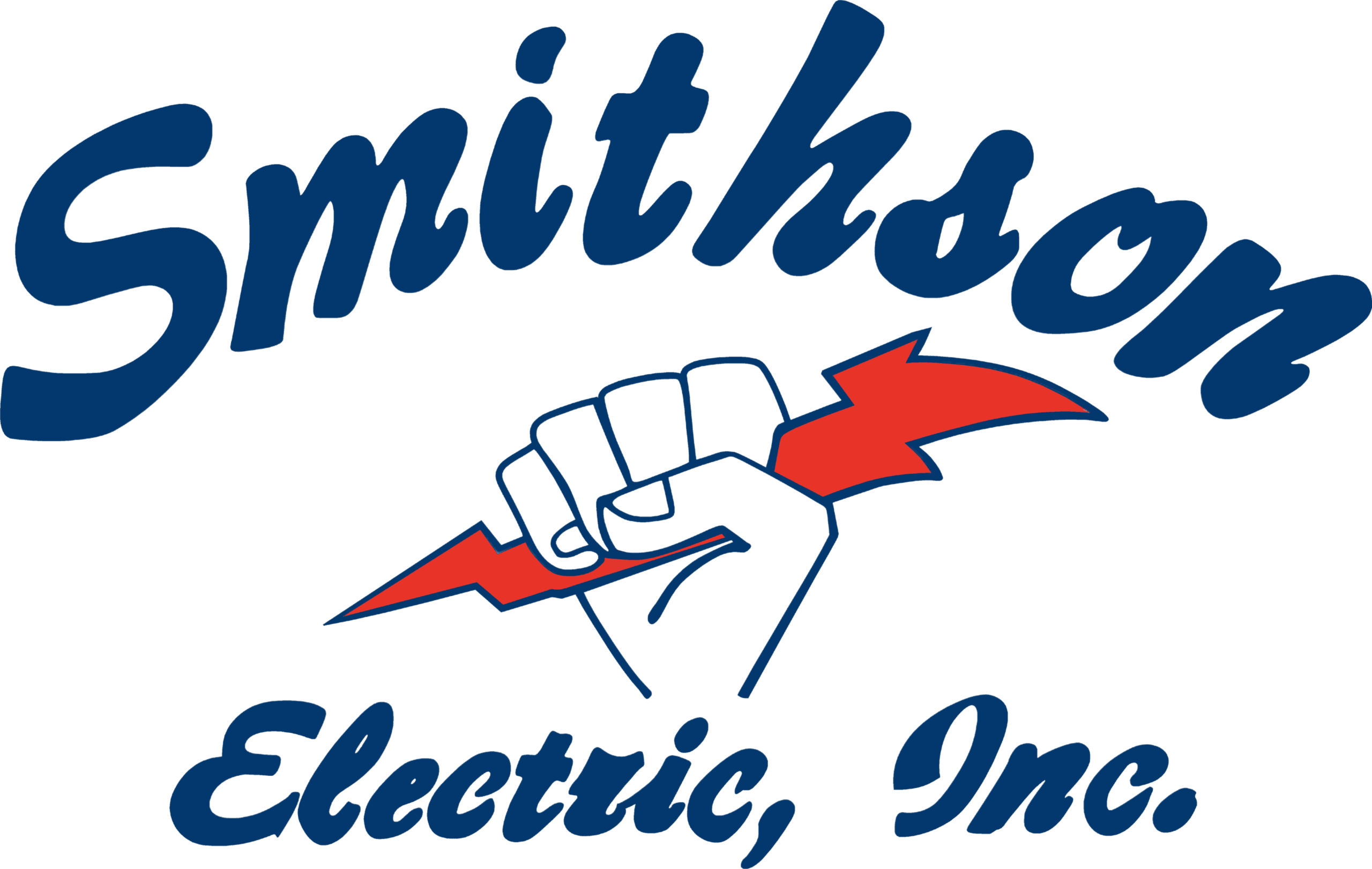 Smithson Electric, Inc. logo featuring a blue script font and an image of a fist holding a red lightning bolt.